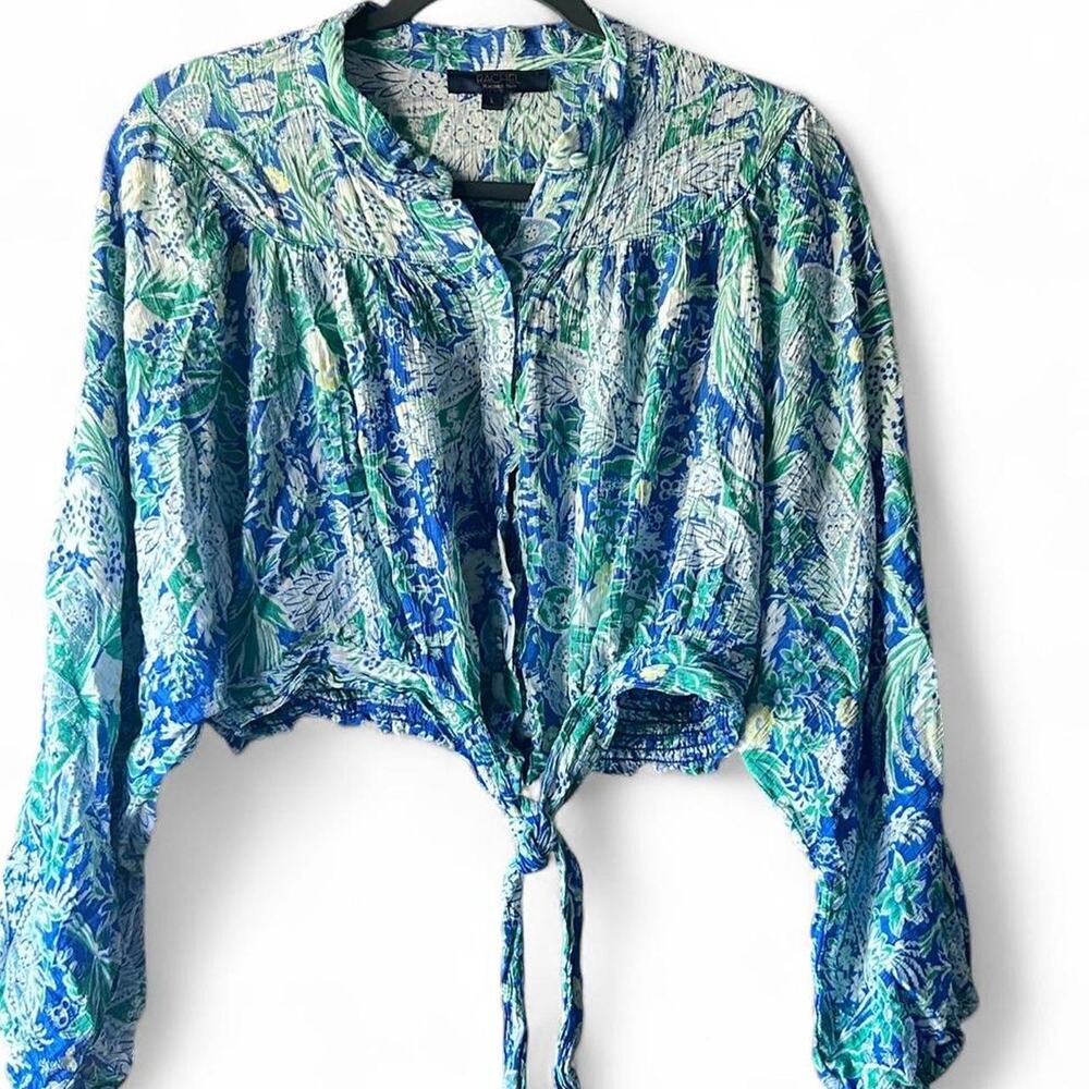 Rachel Roy blue and white‎ Midriff floral blouse blue/white/green